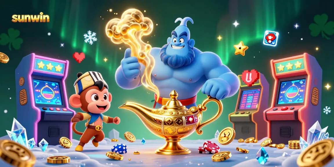 Join the fun with sunwin as the blue genie and monkey spread excitement in a vibrant casino world.
