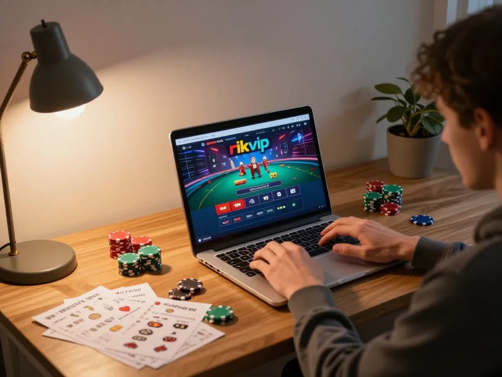 Enjoying engaging rikvip online casino games from a cozy setup.