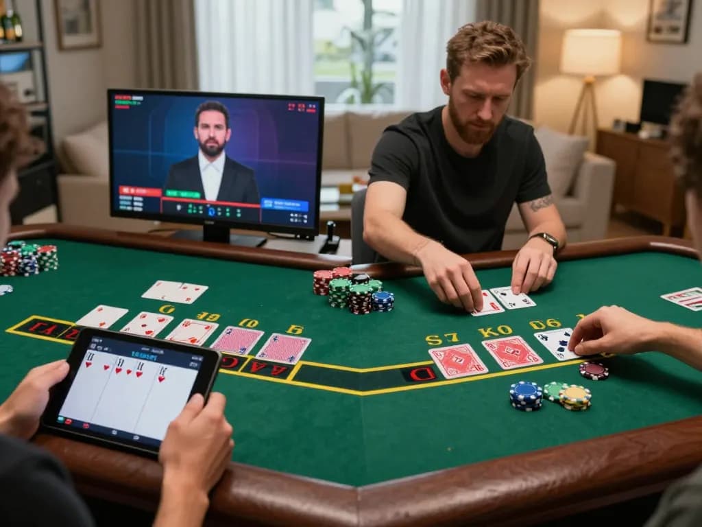 E2bet chính chủ gameplay with a person engaged in live dealer blackjack on a tablet in a cozy home setting