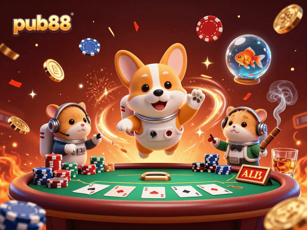 Experience the exciting world of pub88 with floating casino fun and animated characters.