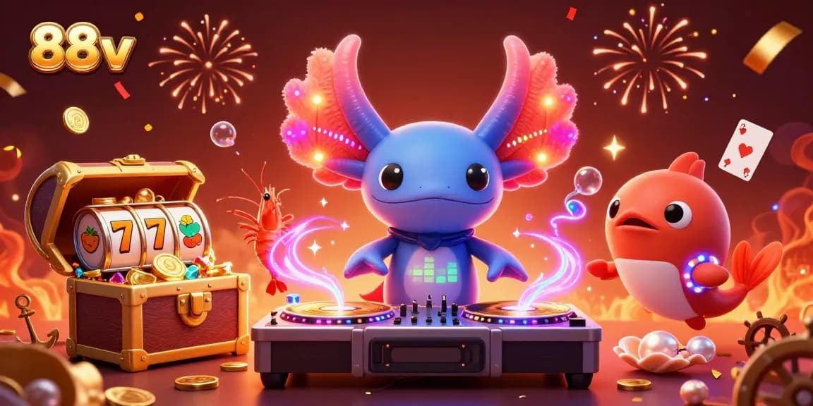 Experience the thrill of 88vv with a vibrant casino-themed underwater scene featuring an axolotl DJ.