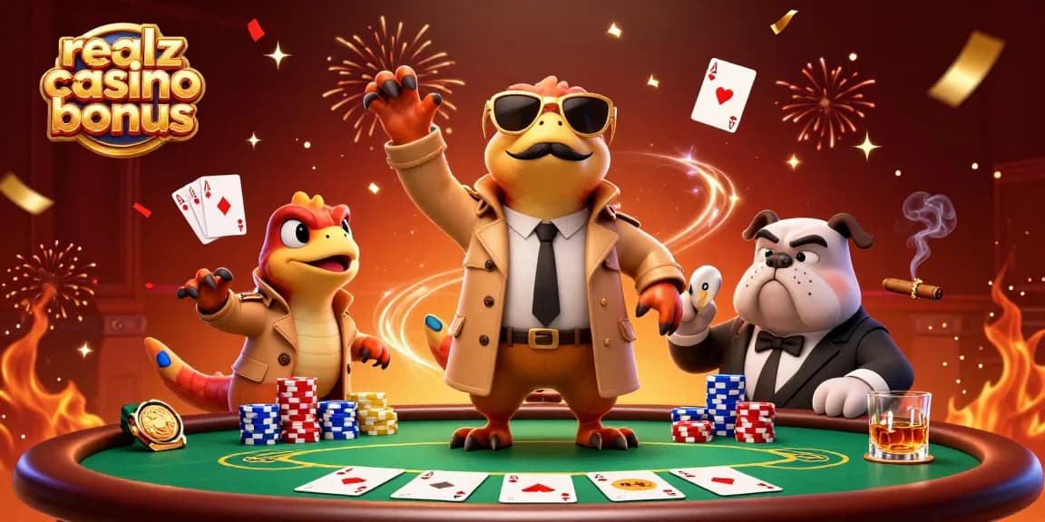Ein aufregendes Erlebnis im realz casino bonus mit drei Dinosauriern in einem Trenchcoat, die vor einem VIP-Eingang stehen.