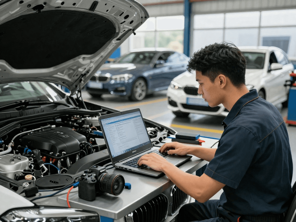 Professioneller Mechaniker in einer bmw werkstatt Hannover bei der Inspektion eines Fahrzeugs.