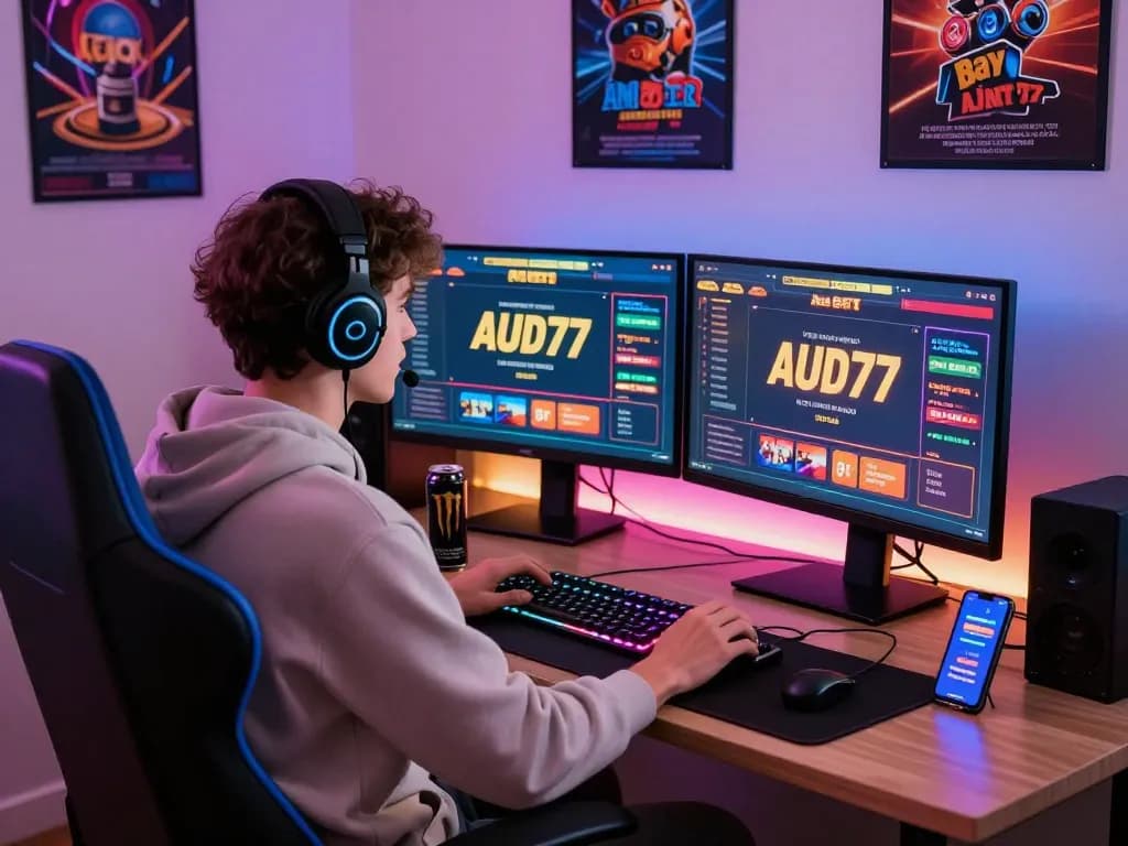 Gamer enjoying AUD77 promotions in vibrant home office environment with sleek monitors and LED lighting.