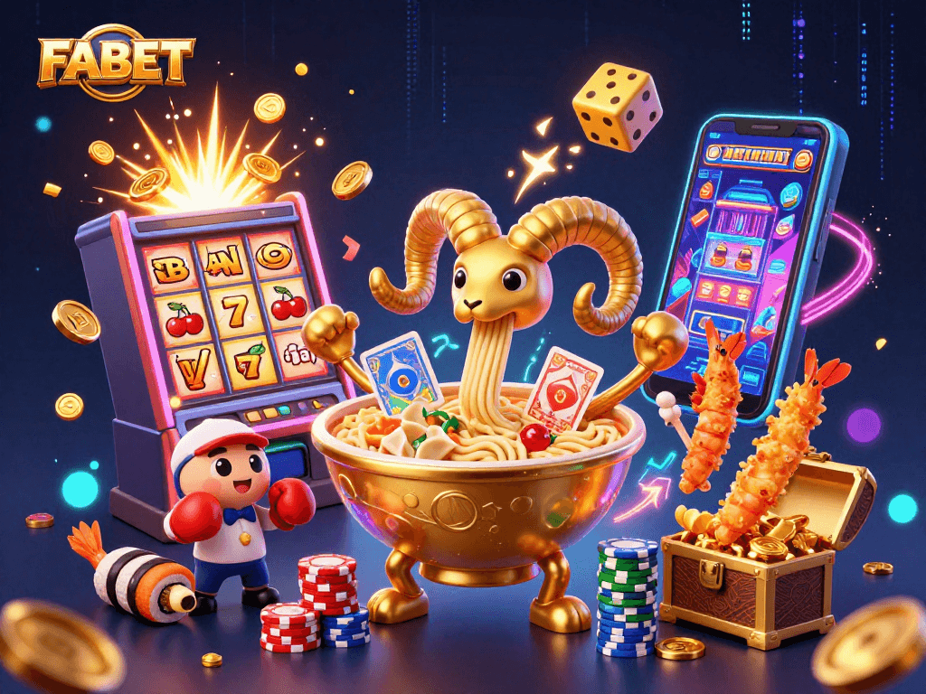 Join FABET’s vibrant gaming scene with a golden ramen bowl dealer, exciting slot machines, and colorful casino elements.