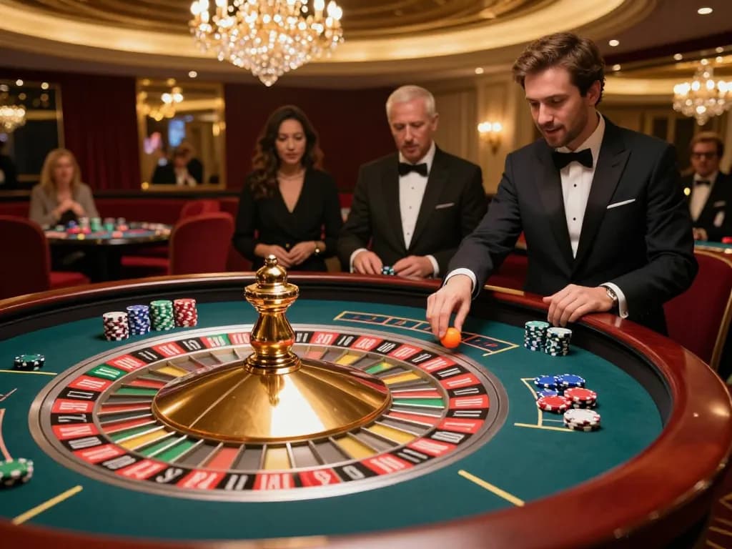 Experience cm88 excitement with players gathered around a spinning roulette wheel in a luxurious casino.