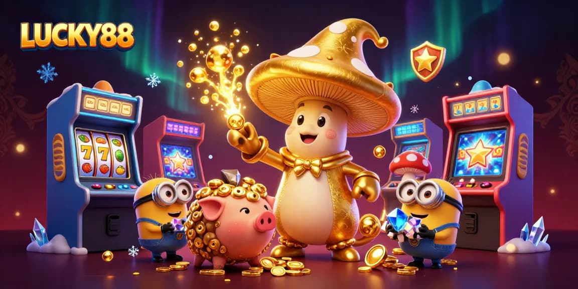 LUCKY88's magical scene with a wizard, pig, and gem minions amidst casino slot reels.