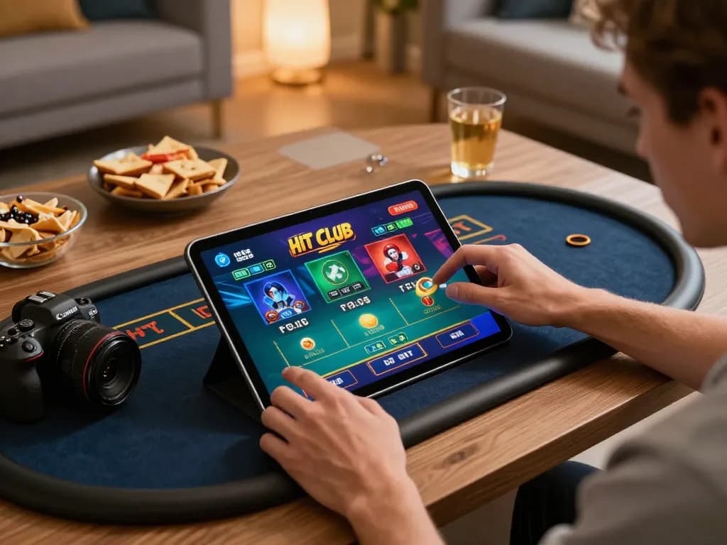 Tham gia vào trò chơi chiến lược tại Hit Club, đặt cược trên một chiếc máy tính bảng trong một phòng khách ấm cúng.