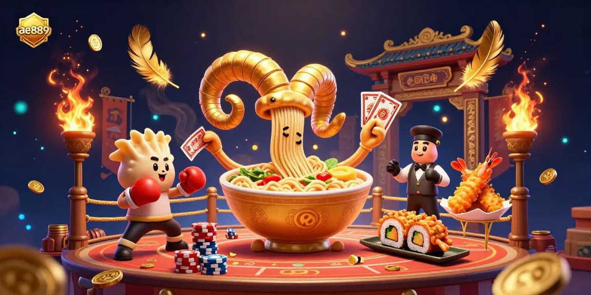 Experience exciting games at ae889 with a dynamic 3D casino illustration filled with vibrant characters and elements.