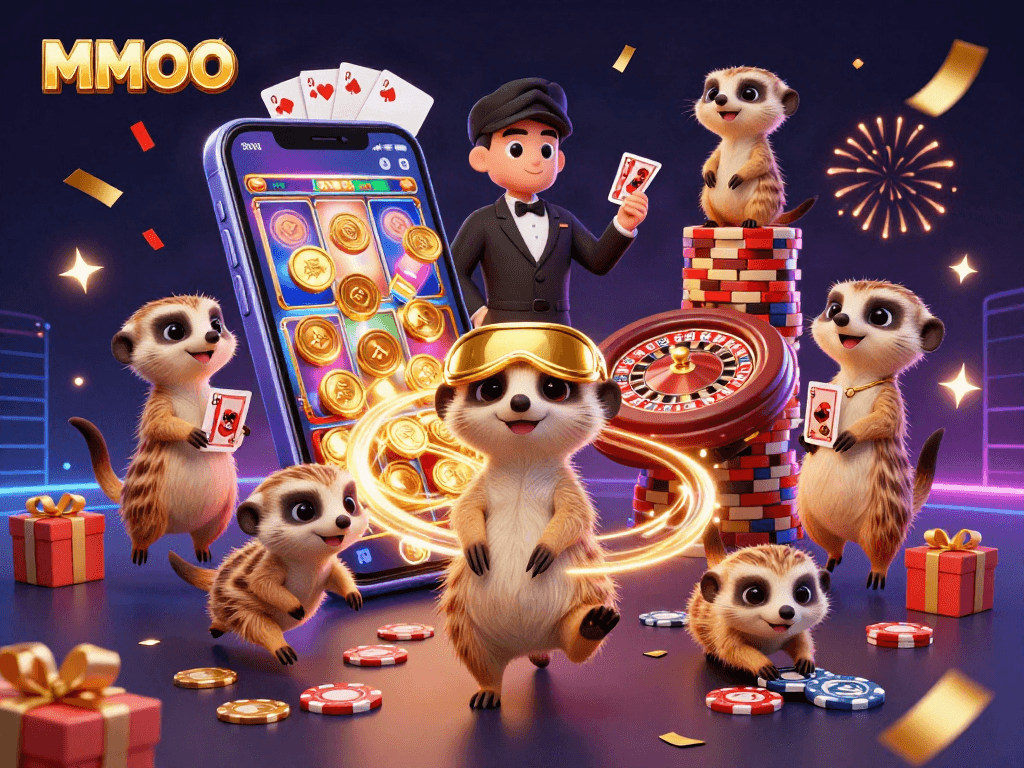 MMOO meerkats managing an exciting casino operation with vibrant slot games and festive decorations.