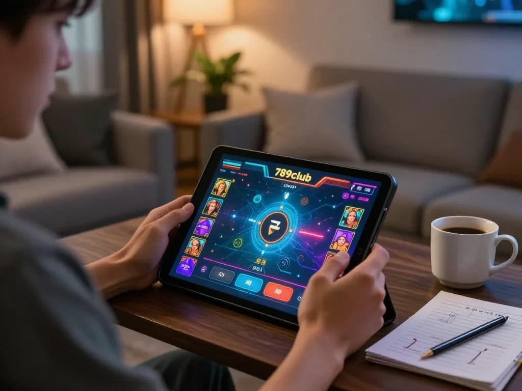 Engaging gameplay on 789club at a cozy home gaming setup with a tablet.