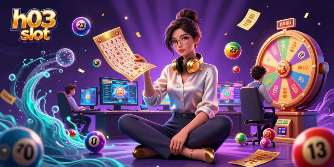 Rasakan kegembiraan dengan permainan slot h03, menampilkan gamer terampil di tengah elemen kasino yang berwarna-warni.