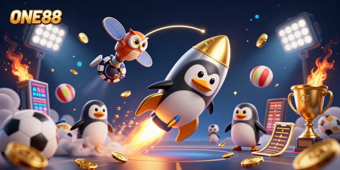 Bet with ONE88 while enjoying a vibrant 3D illustrated gambling experience featuring a golden penguin and sports elements.