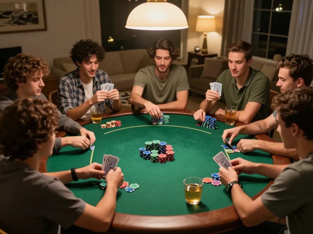 Friends playing poker in a cozy setting, focused on game strategy with poker chips and cards, F168 excitement in the air.