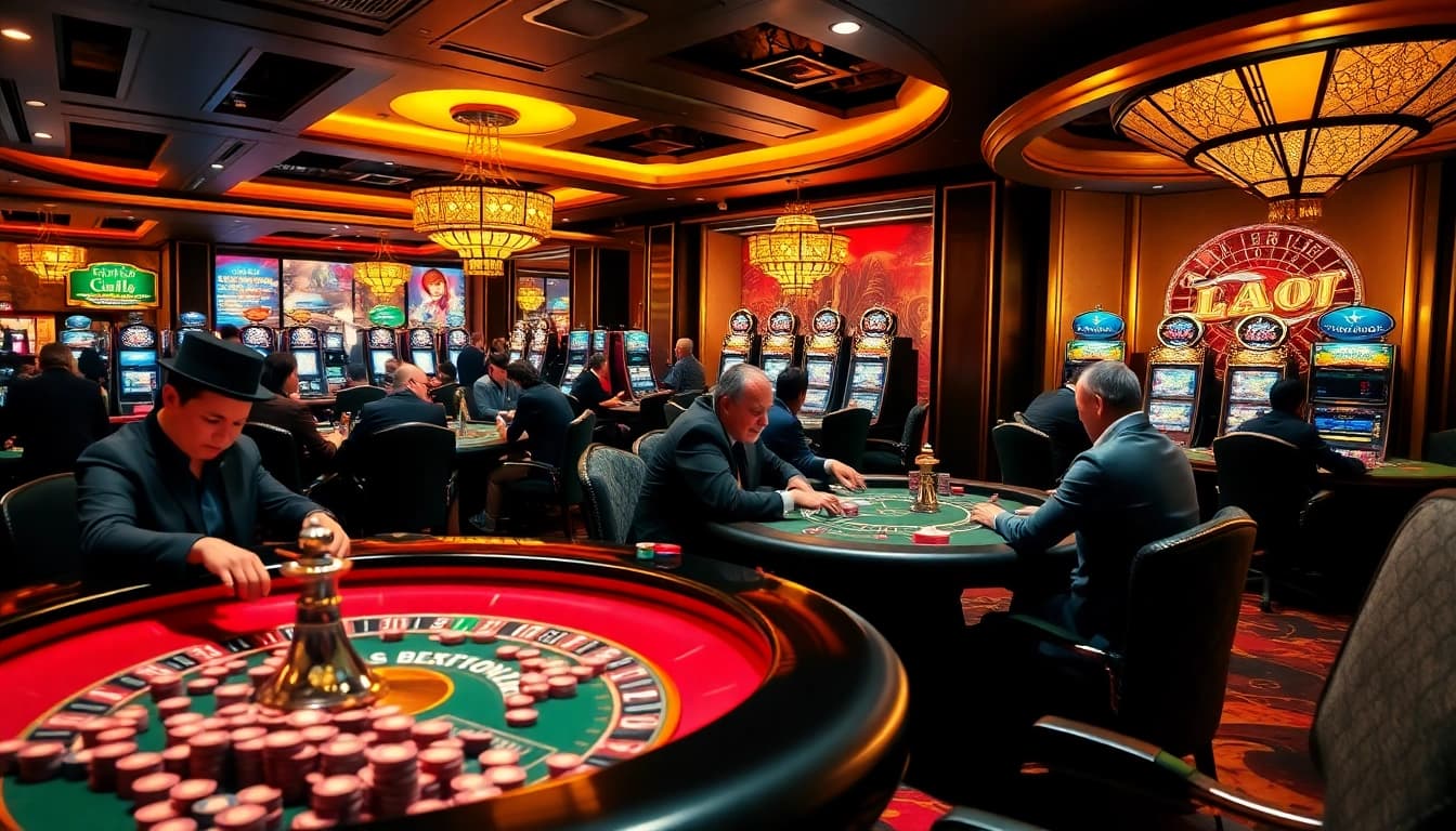 Players strategizing in a casino poker room near https://da88.education/ with vibrant slot machines and roulette.