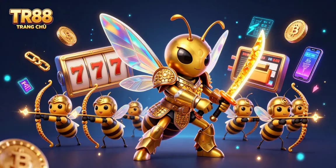 Engage in thrilling gameplay at TR88 TRANG CHỦ with vibrant slot reels and captivating casino characters.