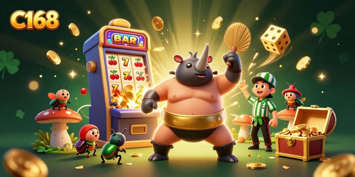C168's powerful beetle champion wins big with jackpot coins flying while an energetic referee oversees the excitement.