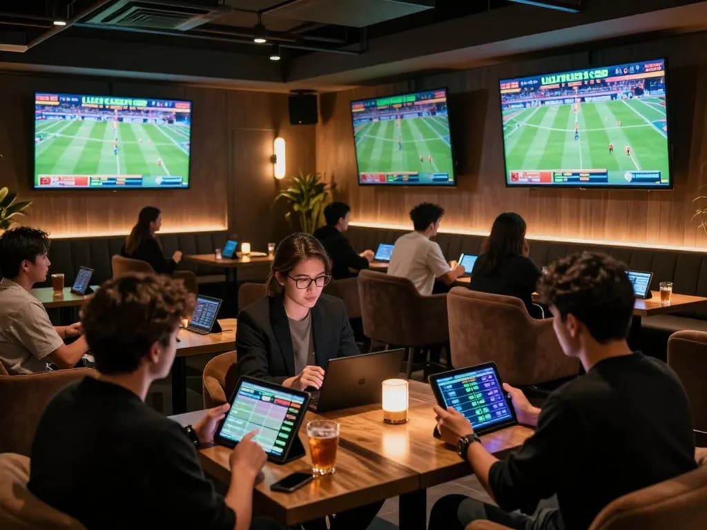 Tỷ lệ kèo nhà cái 5 highlighted in a lively sports betting environment with engaged gamblers.