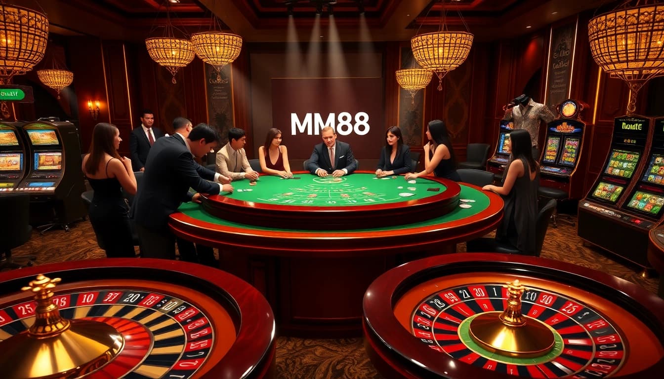 Players experience the thrill of high-stakes poker at MM88's luxurious casino tables.