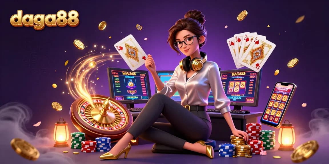 Engage in exhilarating gaming at daga88 with a vibrant 3D casino illustration showcasing dynamic elements.