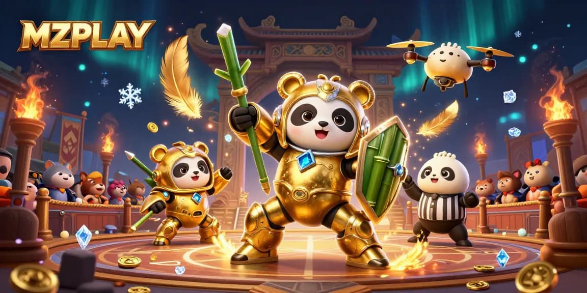 Experience the thrilling casino world of MZPLAY with a dynamic scene featuring a mech-suit panda battling in an arena.