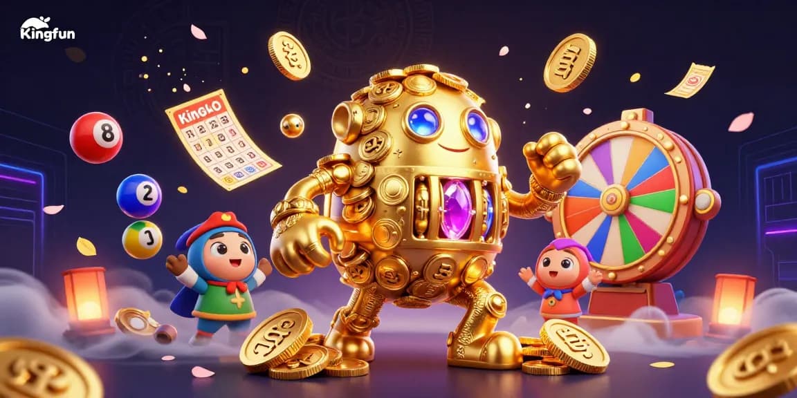 Experience Kingfun's vibrant jackpot dynamics with colorful lotteries and golden golem in action.