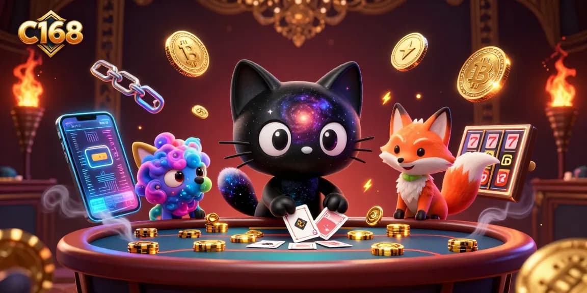 C168 showcases a cosmic casino scene with a 3D black hole cat, colorful nebula fox, and floating crypto coins.