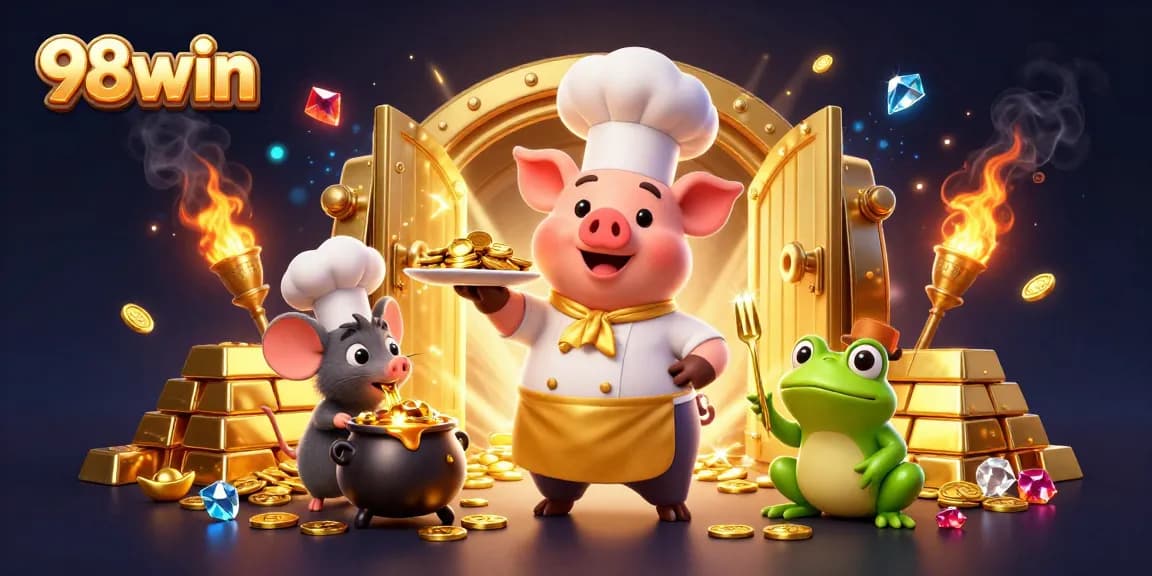98win chefs create excitement with gold coins and treasures in a vibrant casino scene