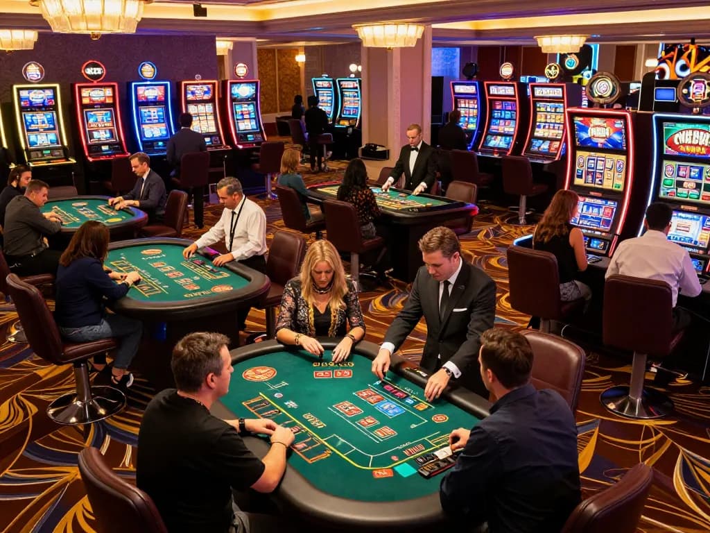 CM88 casino bustling with players engaged in games, dynamic atmosphere of excitement.