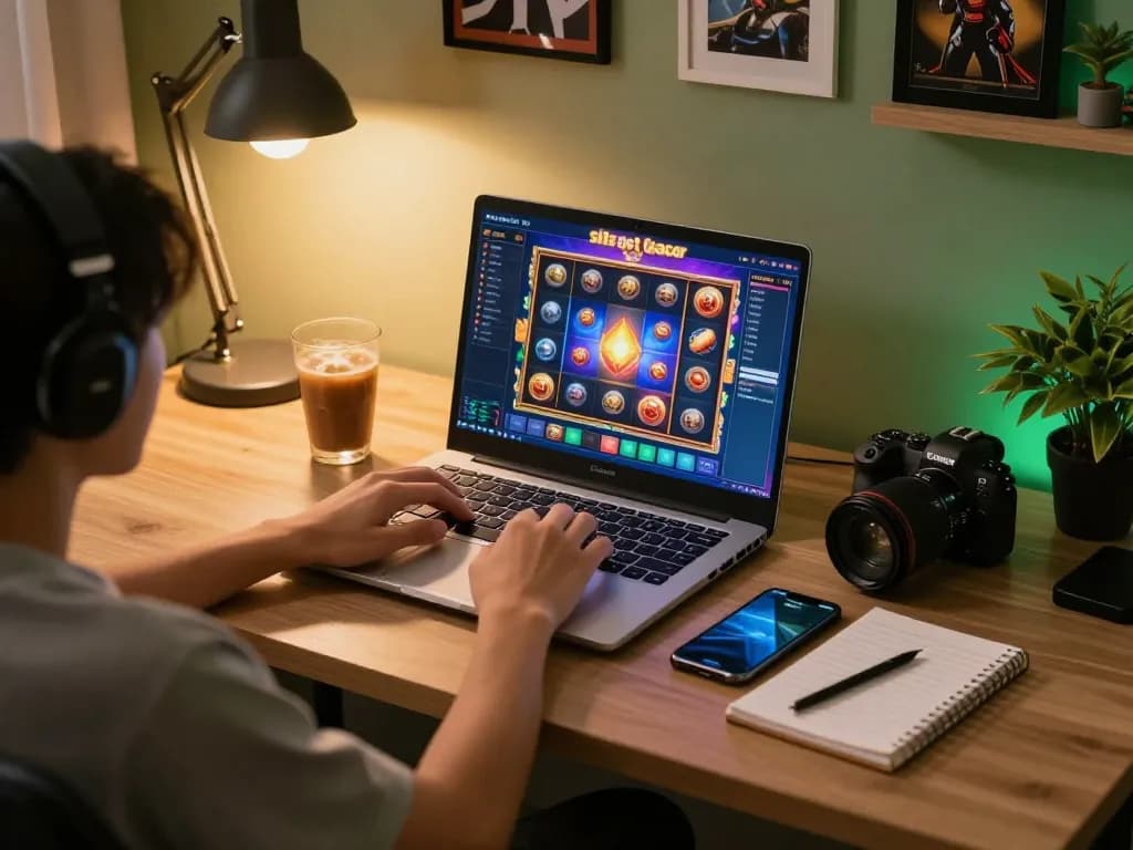 Engaged player exploring situs slot gacor on laptop in a cozy online gaming setup.