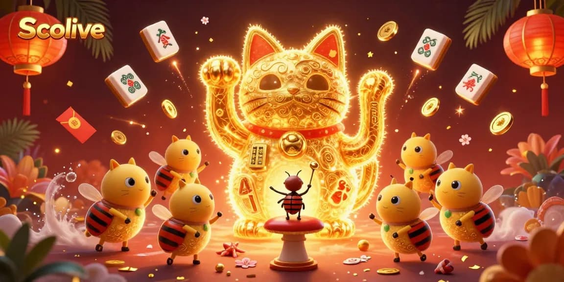 Socolive showcases vibrant golden fireflies forming a lucky cat in a casino-themed scene, bursting with action.