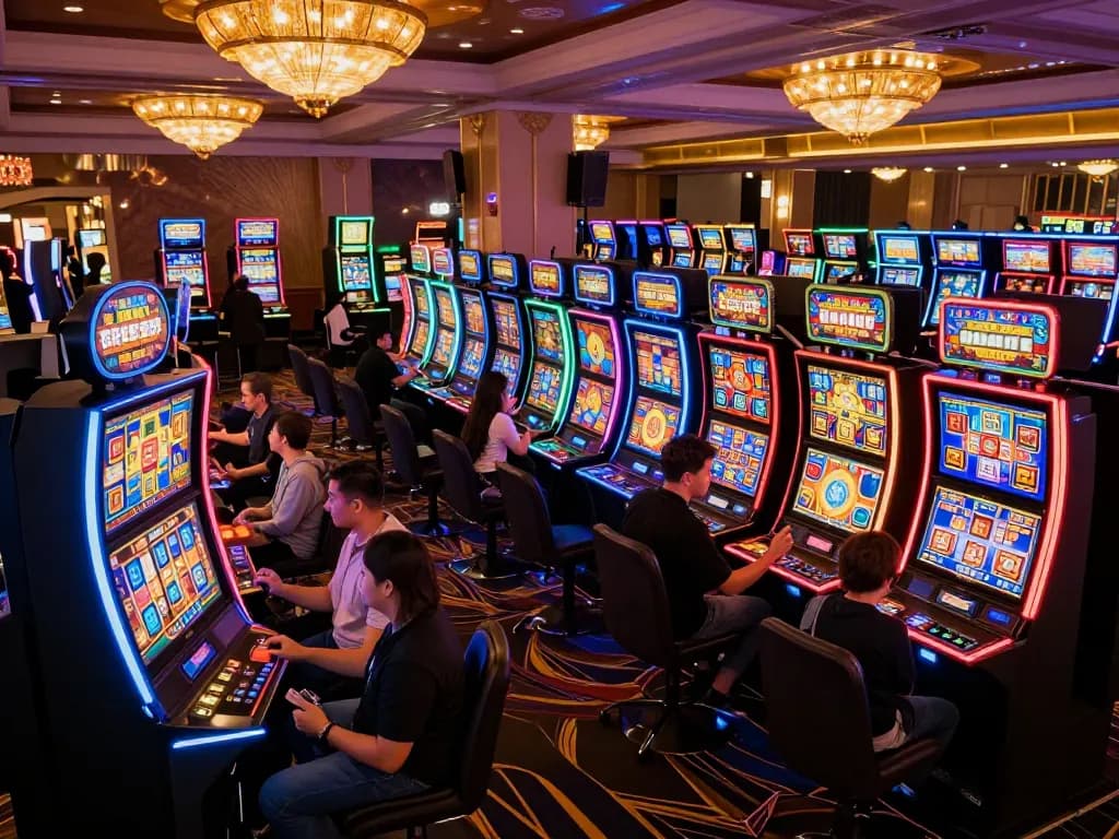 Members enjoying exciting wins at nhà cái nohu90's vibrant slot machine area.
