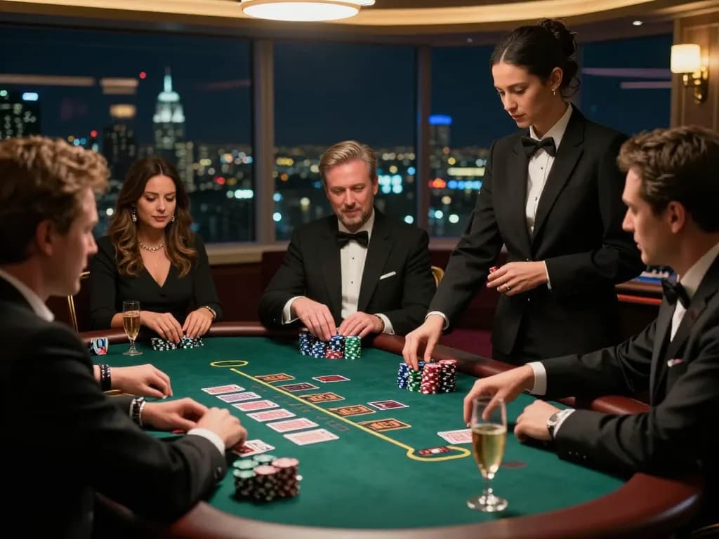 Engaged players strategizing at an upscale gaming table in a luxury casino setting found at https://mb668.co/.