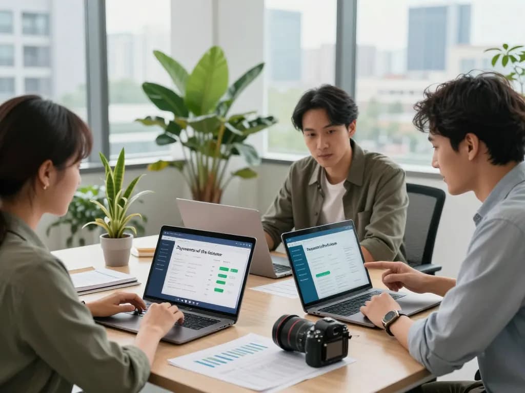 Team diskutiert innovative Zahlungen der Zukunft in einem hellen Büro.