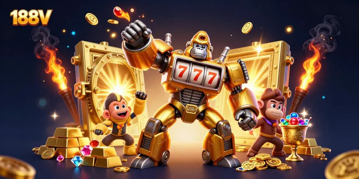 Engage with 188V's thrilling 3D slot gaming adventure featuring a golden gorilla mech and treasure vault.