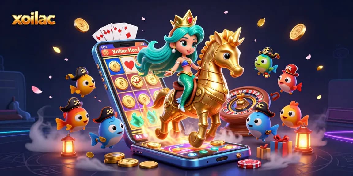 Xoilac features a vibrant 3D cartoon scene capturing casino excitement with a mermaid princess, seahorse, and slot games.