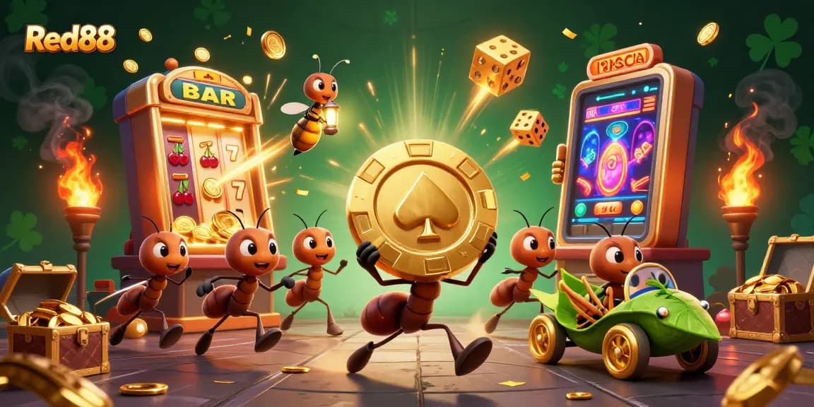 Experience the thrill at Red88 with ants carrying casino treasures in a vibrant 3D illustration.