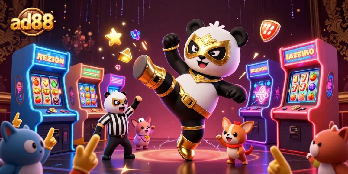 Experience the excitement of ad88 with a 3D panda wrestler and vibrant casino elements!