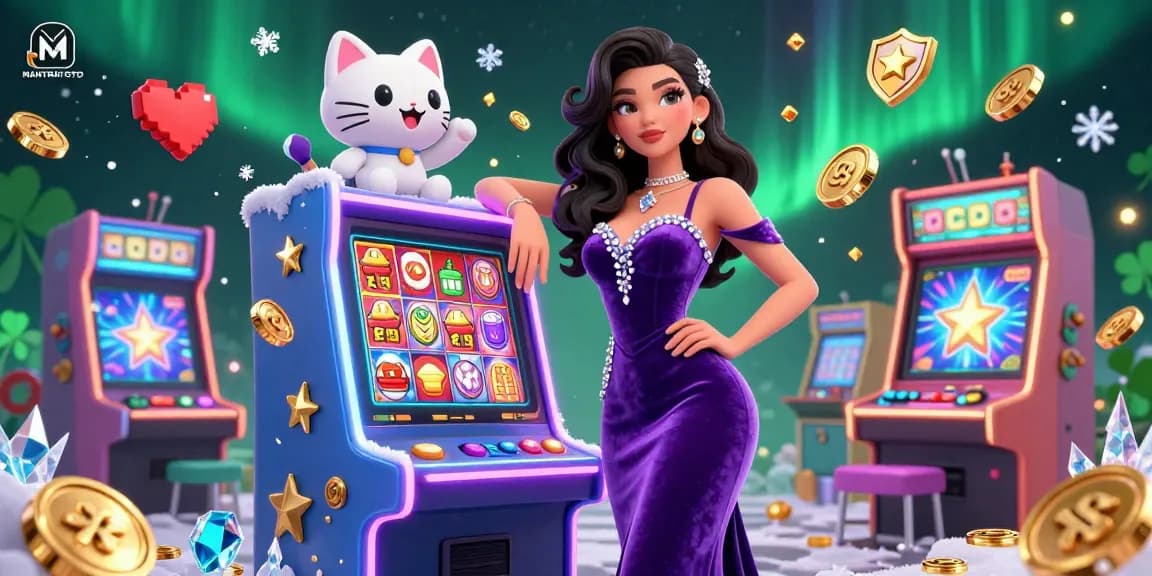 Engage with MANTRATOTO in a vibrant 3D casino scene showcasing a jackpot-winning slot machine and stunning characters.