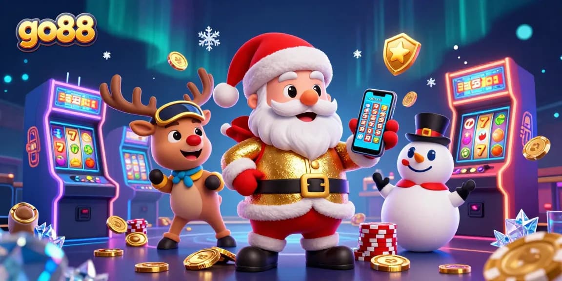 Engage with go88’s vibrant casino world featuring a cartoon Santa and festive gaming elements.