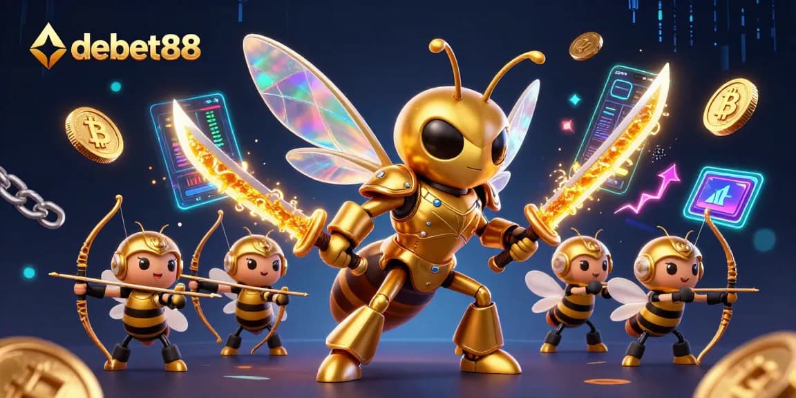 Experience debet88 gameplay with a vibrant 3D illustration of a golden hornet and crypto elements.
