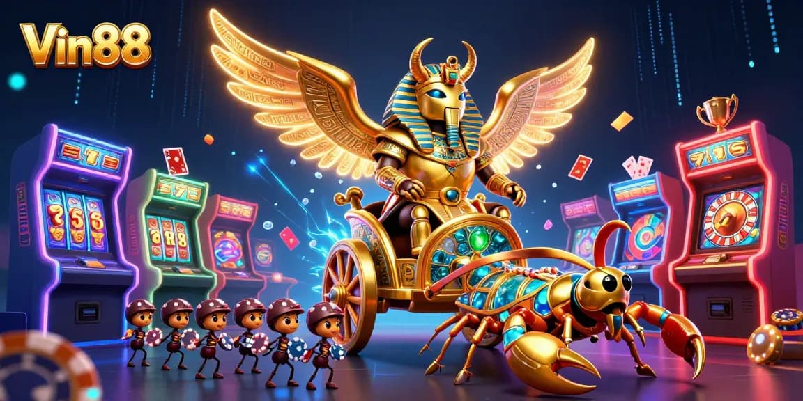 Experience Vin88's exciting casino world with dynamic characters, slot machines, and vibrant gaming elements.