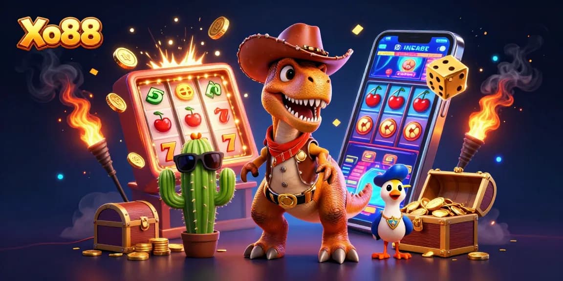 Xo88 brings excitement with a T-Rex cowboy and vibrant casino elements exploding in action.