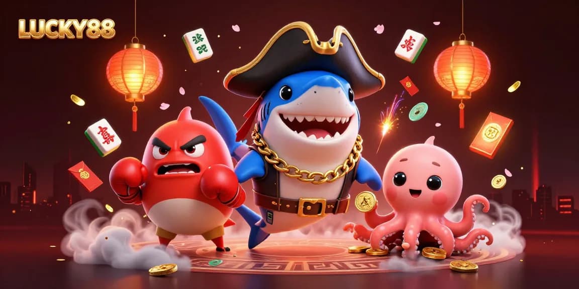 LUCKY88 offers a vibrant casino scene with animated characters reveling in gaming excitement.