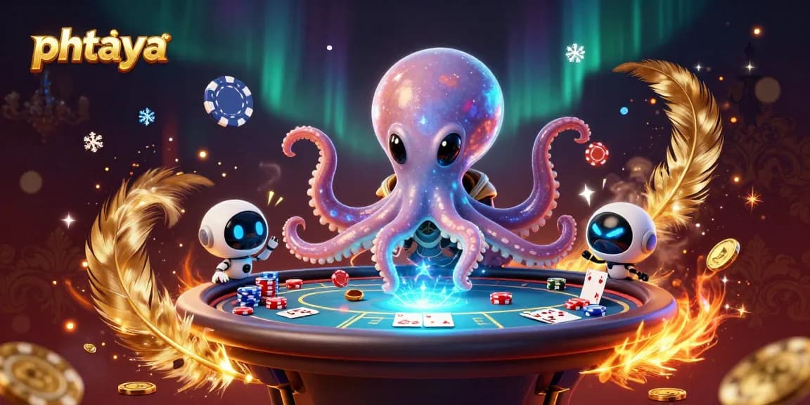Phtaya showcases a thrilling alien octopus at a holographic poker table with vibrant casino elements.