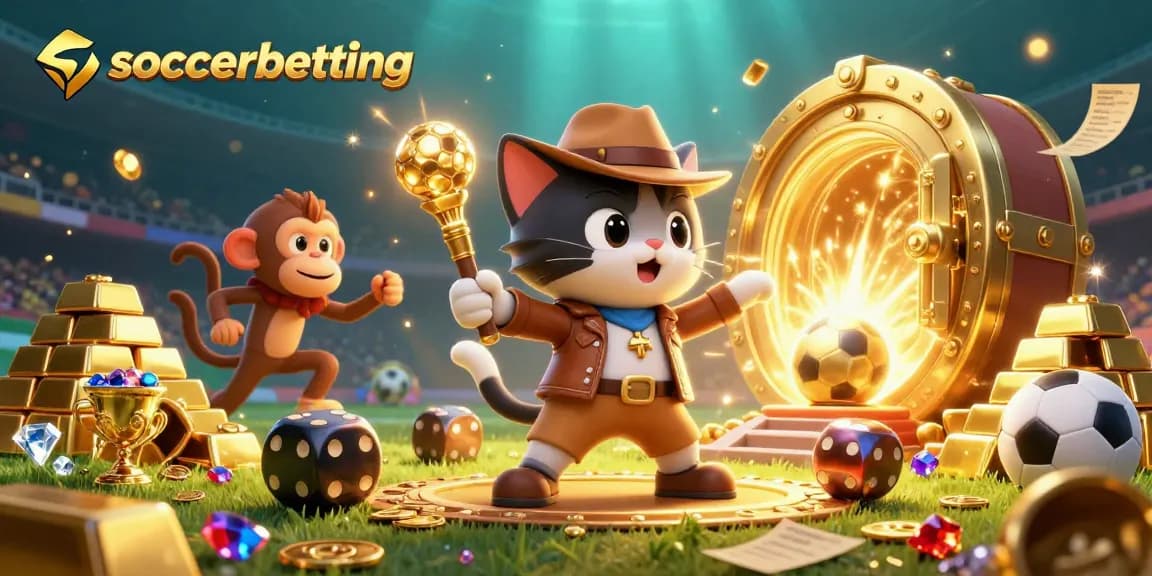 Engage in soccerbetting with golden artifacts, playful characters, and vibrant stadium elements.