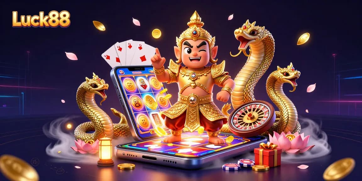 Experience Luck88 with a dynamic 3D scene of a Thai guardian, slot game action, and vibrant casino elements.