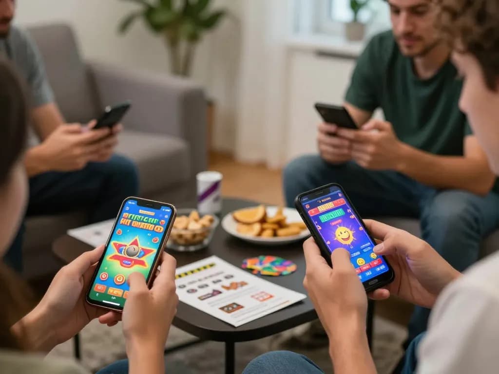 Engaged players enjoying exciting Hit club games on their mobile devices in a cozy home setting