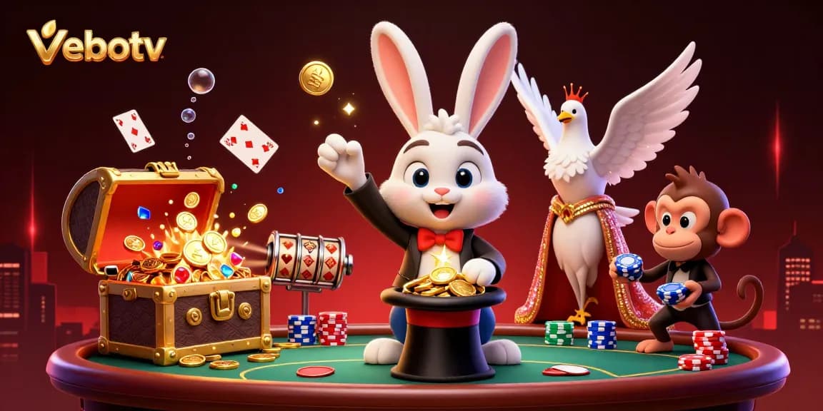 Capture the excitement of live betting with vebotv's dynamic 3D illustration showcasing a magician rabbit, dove, and monkey in a casino scene.