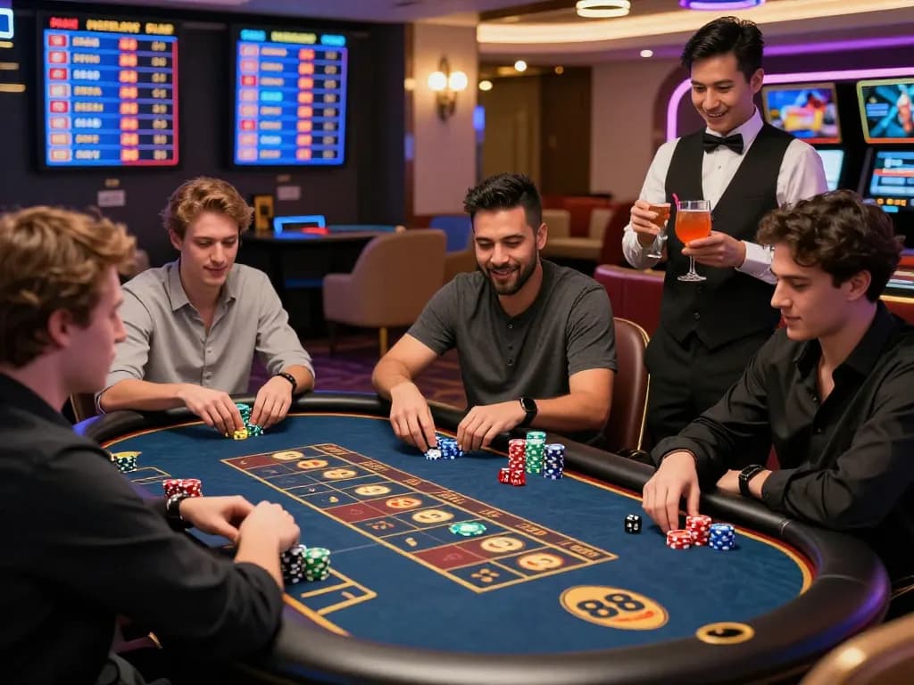 Excited players enjoying Go 88 tài xỉu at a modern gaming table in a vibrant casino atmosphere.